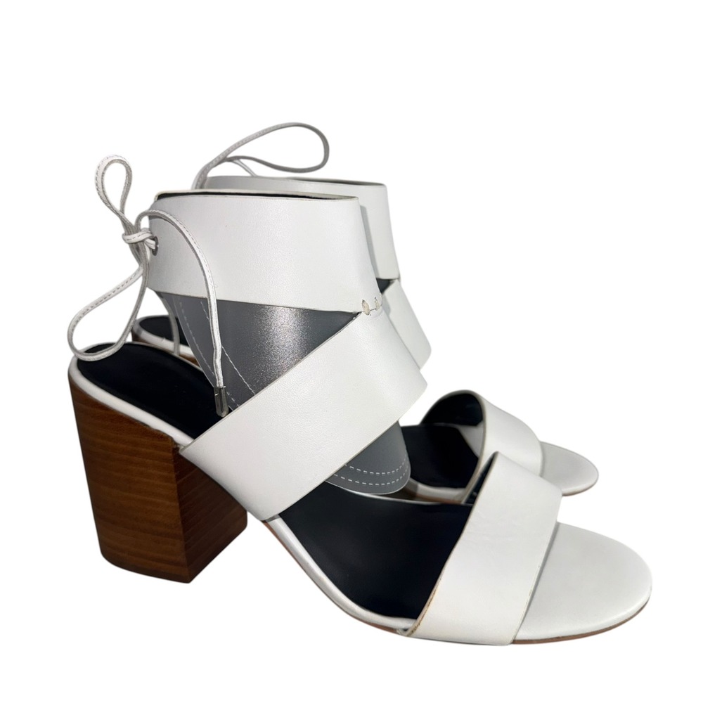 Rebecca Minkoff White Leather Block Heel Sandals Silver Tie Back Size 10M